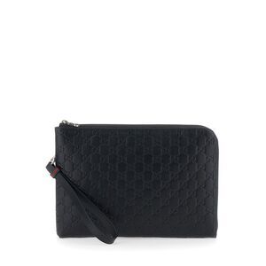Gucci Men 'Emblem' Black Clutch With Gg Logo In Raised All-Over Leather Man